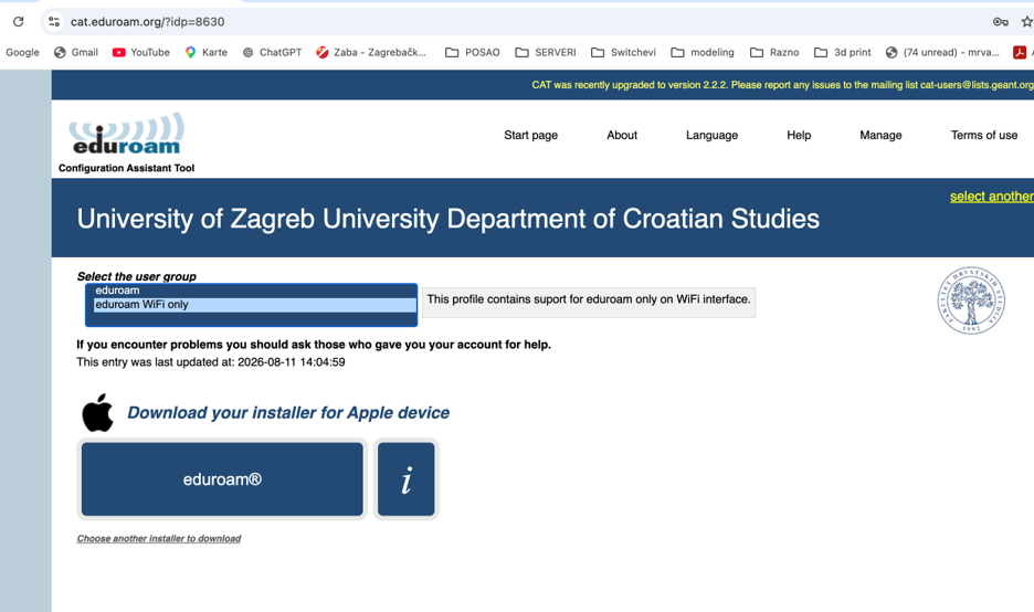 Preuzimanje eduroam profila za Apple uređaj